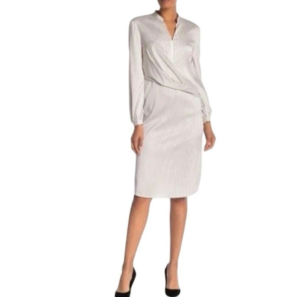 St John Stretch Silk Draped Faux Wrap Dress Cream Taupe Pinstripe Split Hem Sz 8